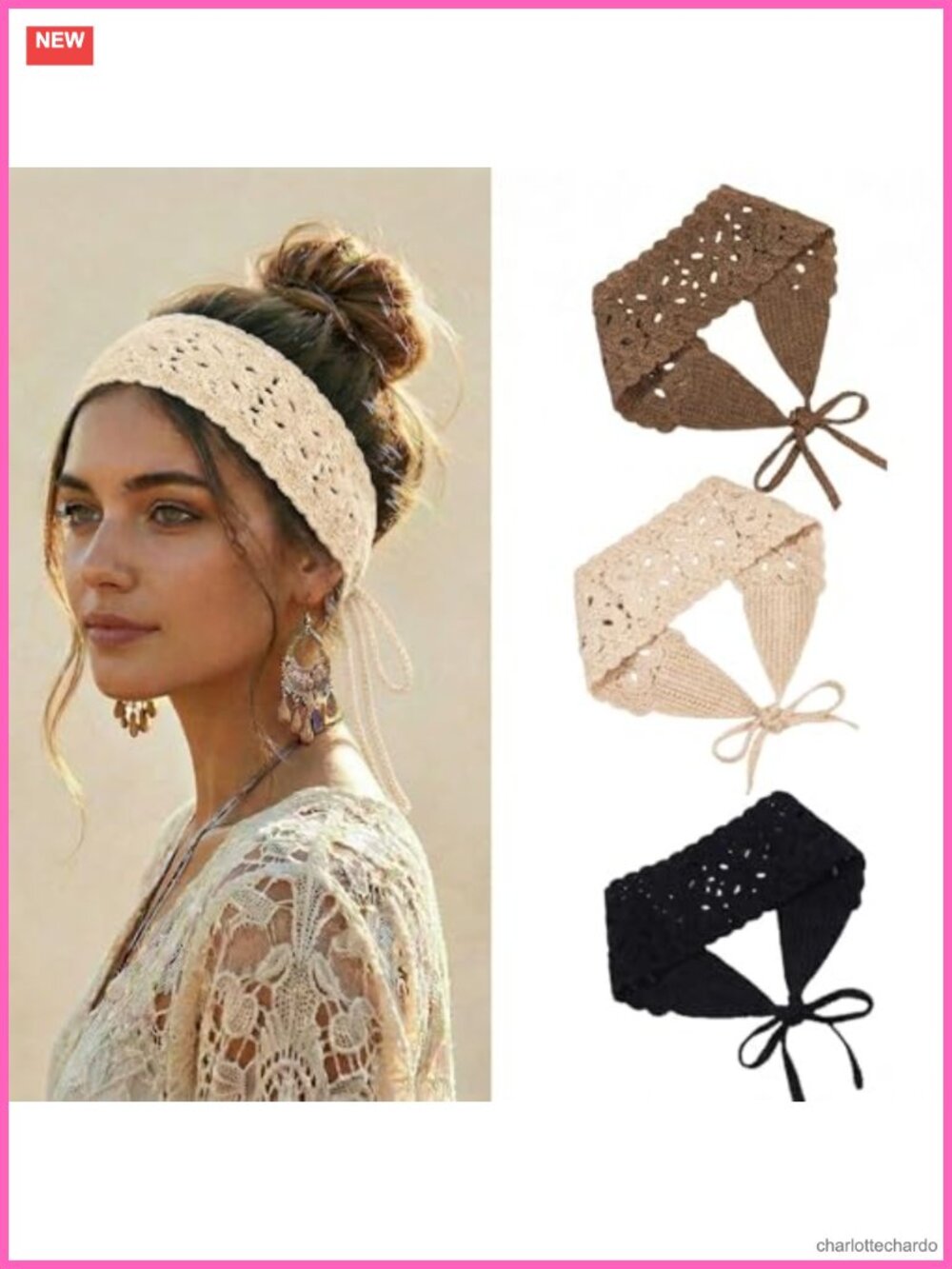 3 Pc Boho Knit Headbands Adjustable Tie Head Scarves Hair Accessories